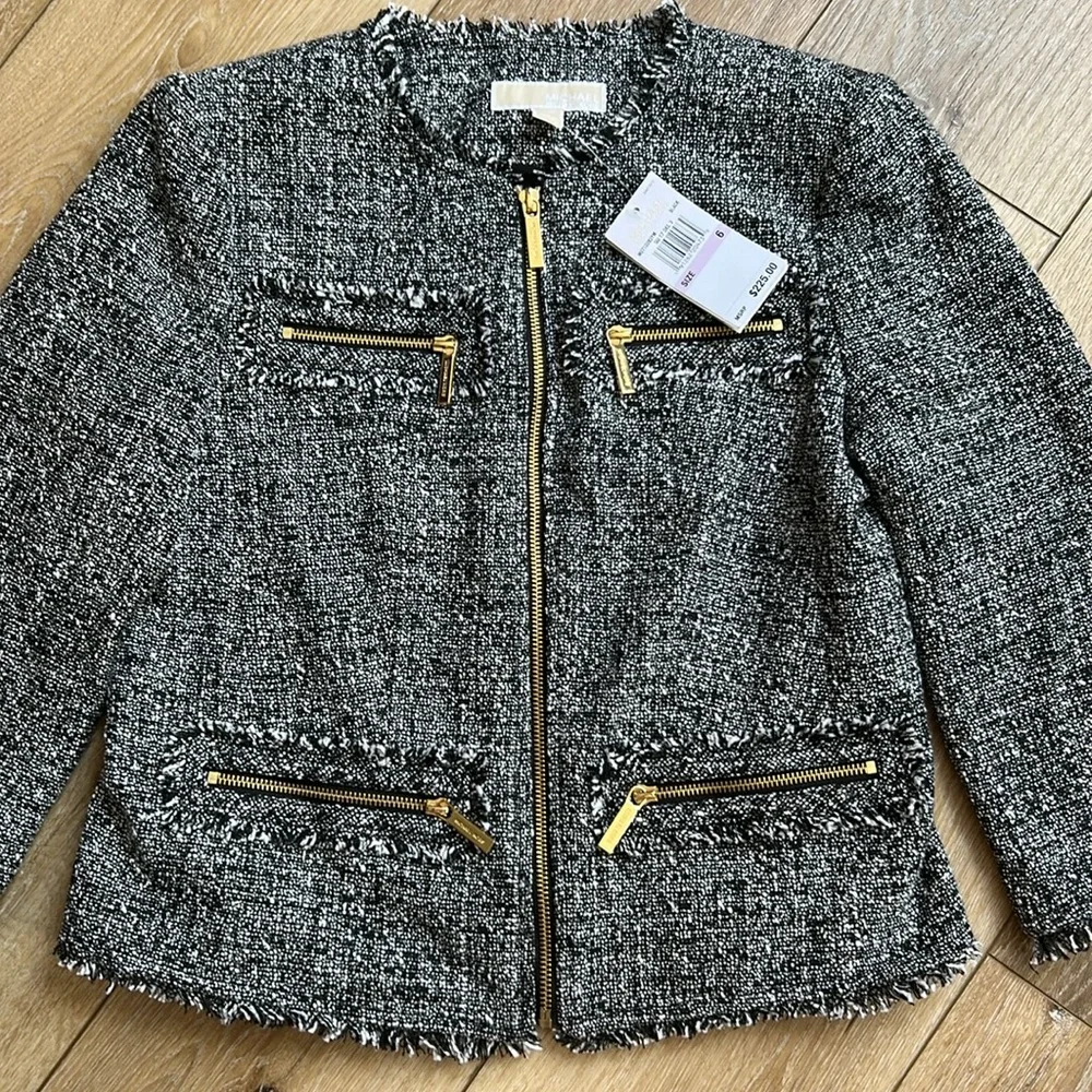 Michael Kors Jacket Short Black White Tweed Zip Up Jacket Academia Old Money Sz6